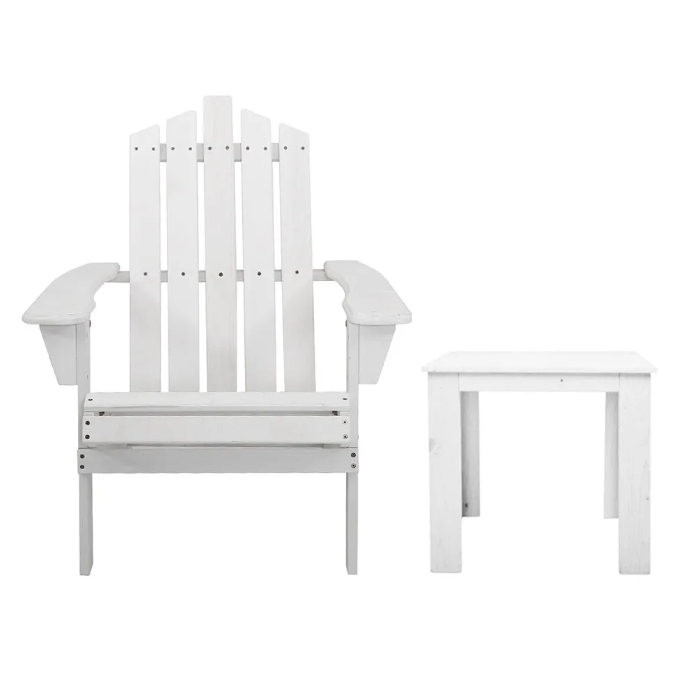 2PC Adirondack Outdoor Table and Chair Wooden Beach Chair Patio Furniture White