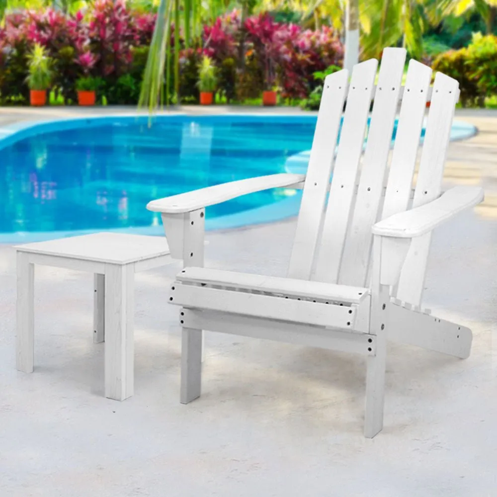 2PC Adirondack Outdoor Table and Chair Wooden Beach Chair Patio Furniture White