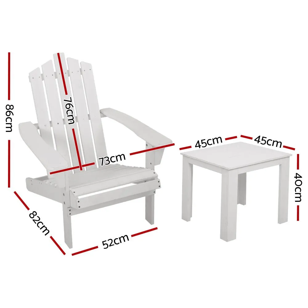 2PC Adirondack Outdoor Table and Chair Wooden Beach Chair Patio Furniture White