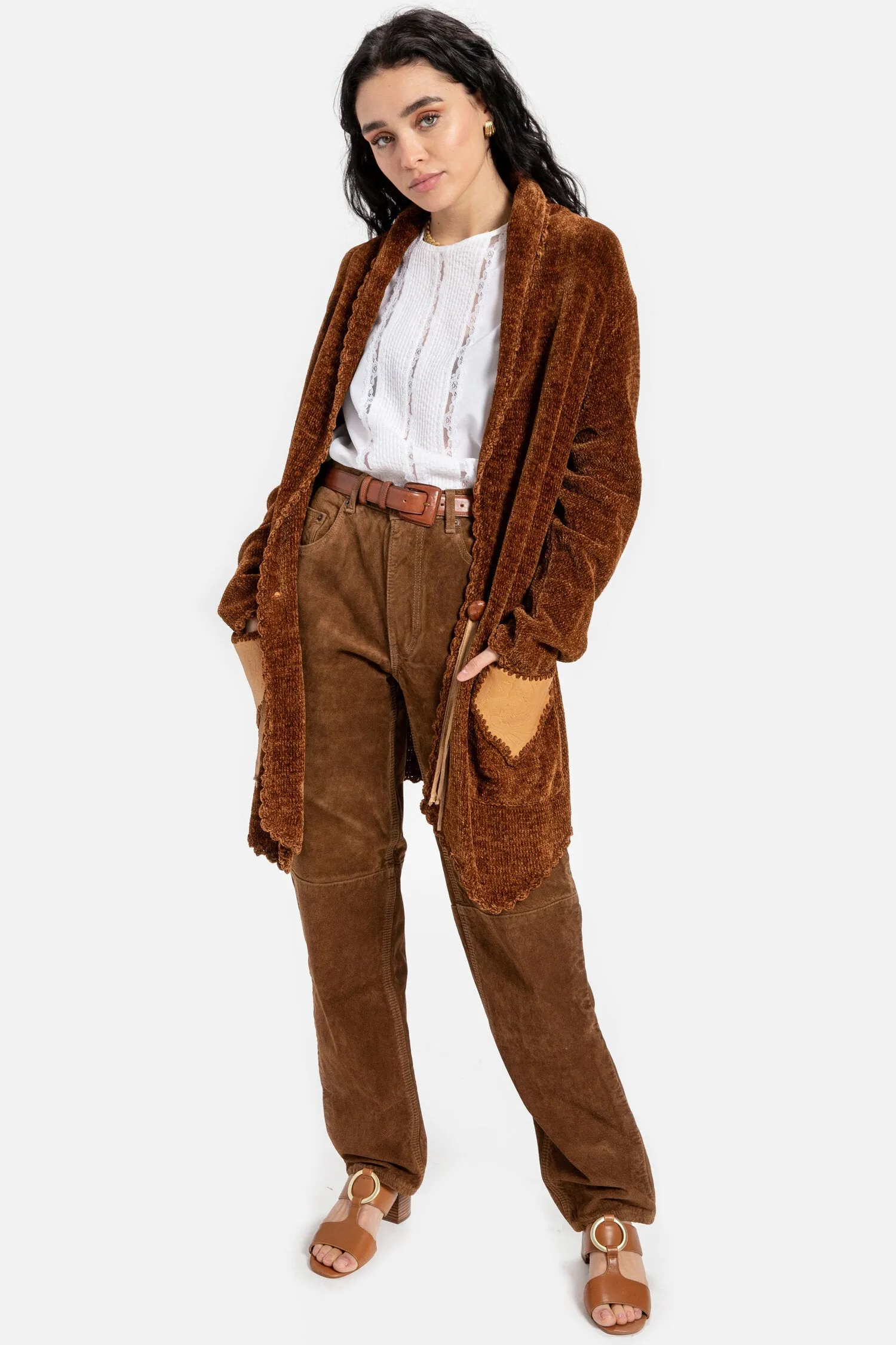 70s Chenille Leather Patchwork Cardigan L