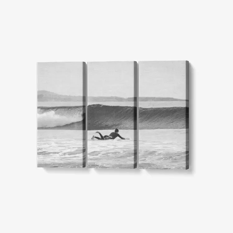 B&W Ride the Wave - 3 Piece Canvas Wall Art - Framed Ready to Hang 3x8"x18"
