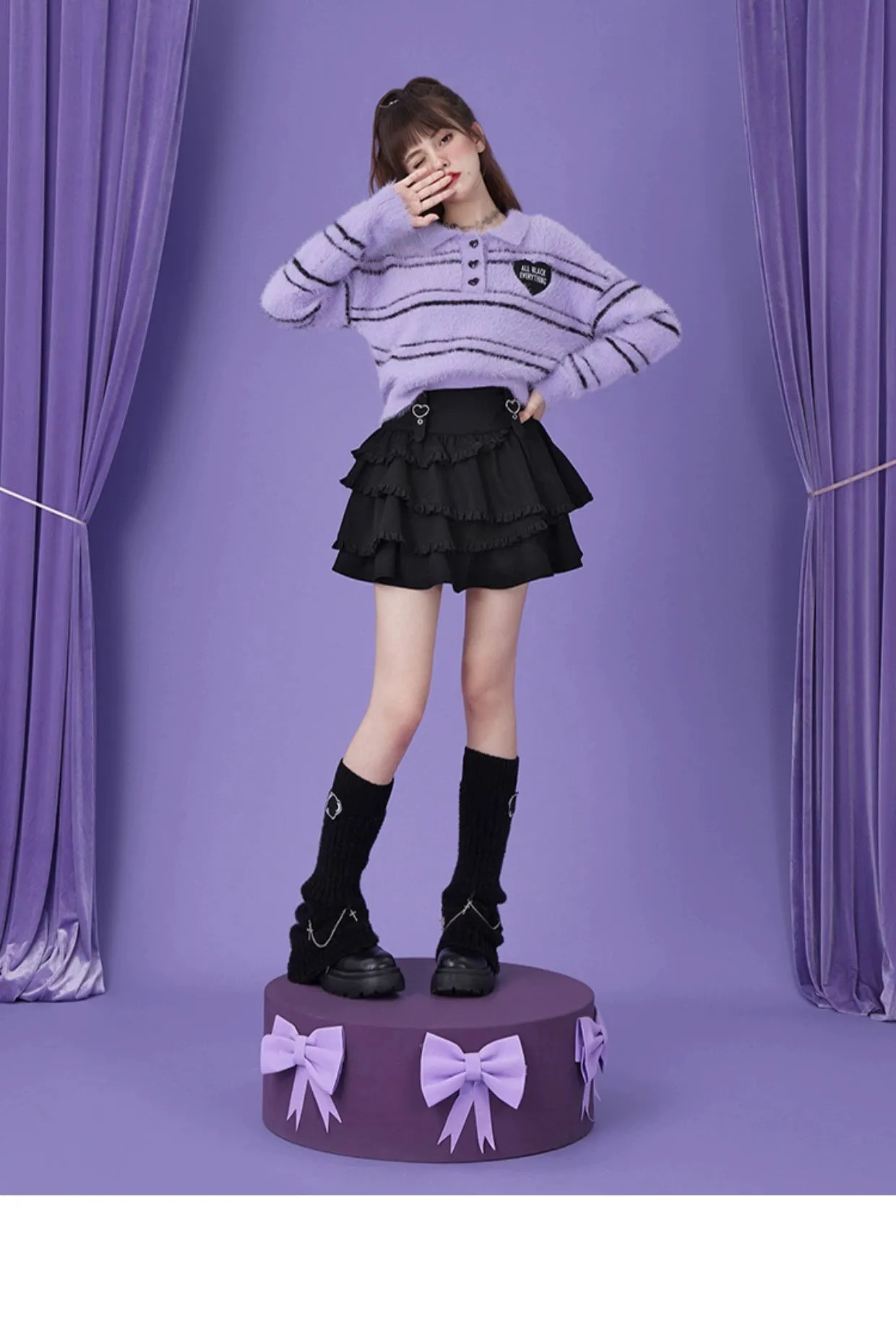 Black Jirai Kei Skirt Sweetheart Tiered Skirt High Waist Mini Skirt
