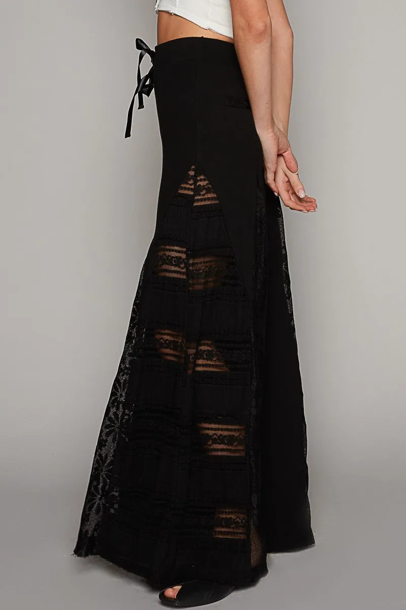 Black Lace Panel and Satin Detail Knit Pants