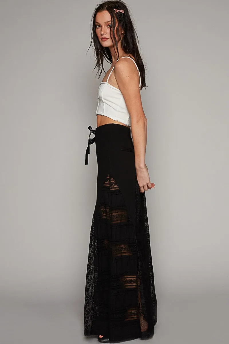 Black Lace Panel and Satin Detail Knit Pants
