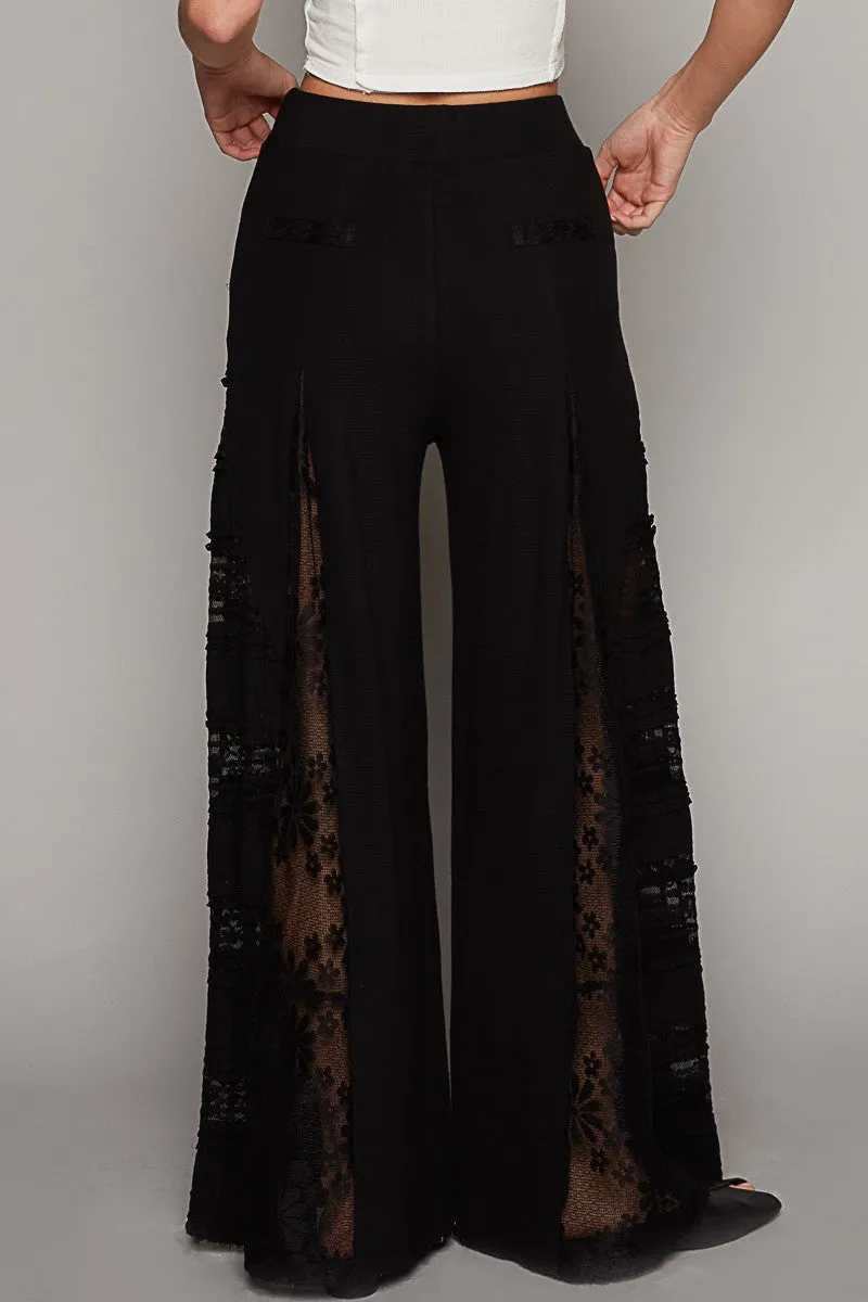 Black Lace Panel and Satin Detail Knit Pants