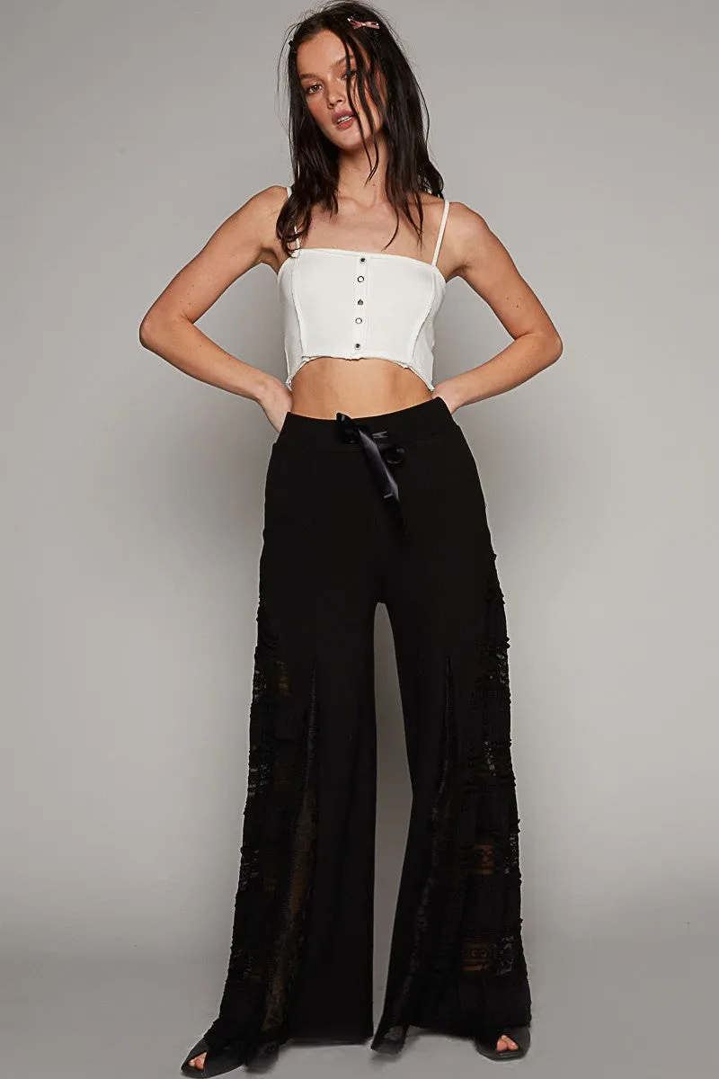 Black Lace Panel and Satin Detail Knit Pants