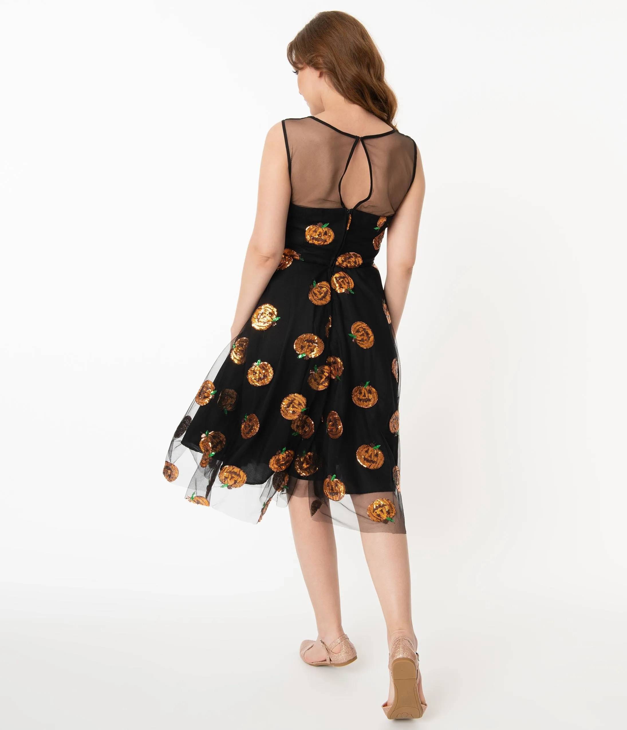 Black Mesh & Orange Sequin Pumpkins Vanity Swing Dress