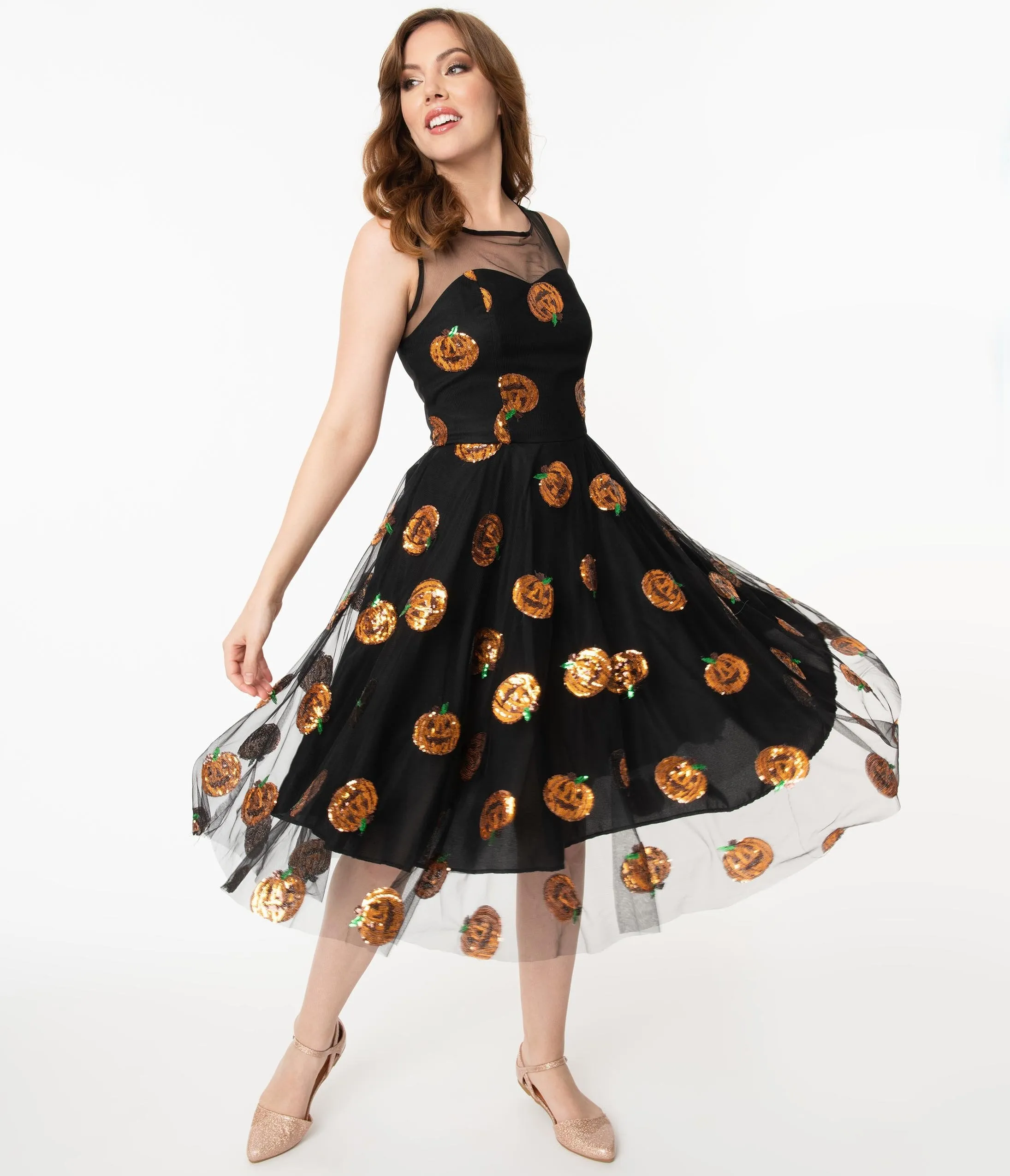 Black Mesh & Orange Sequin Pumpkins Vanity Swing Dress