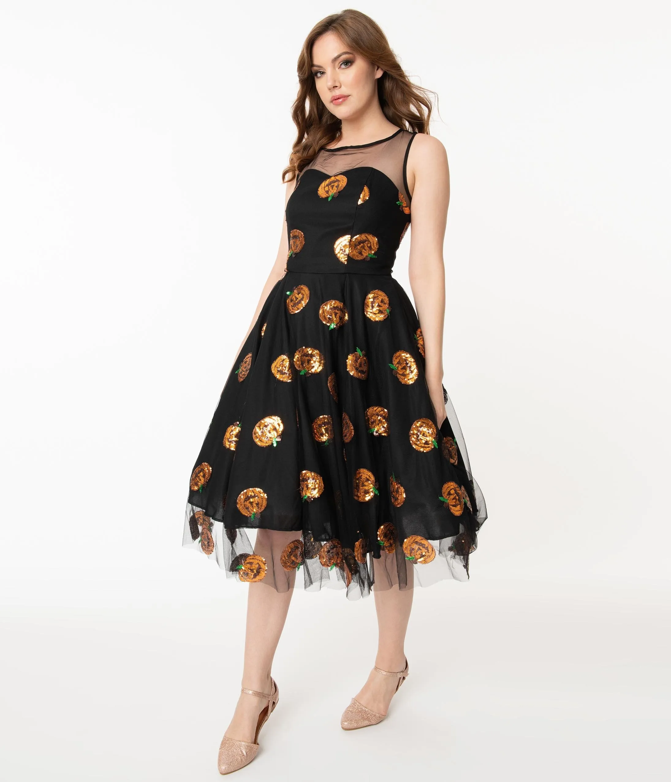 Black Mesh & Orange Sequin Pumpkins Vanity Swing Dress