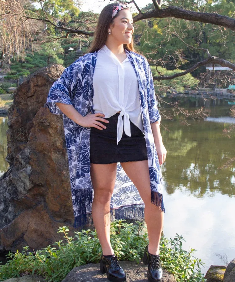 Blue Lotus Fringe Boho Kimono Cardigan