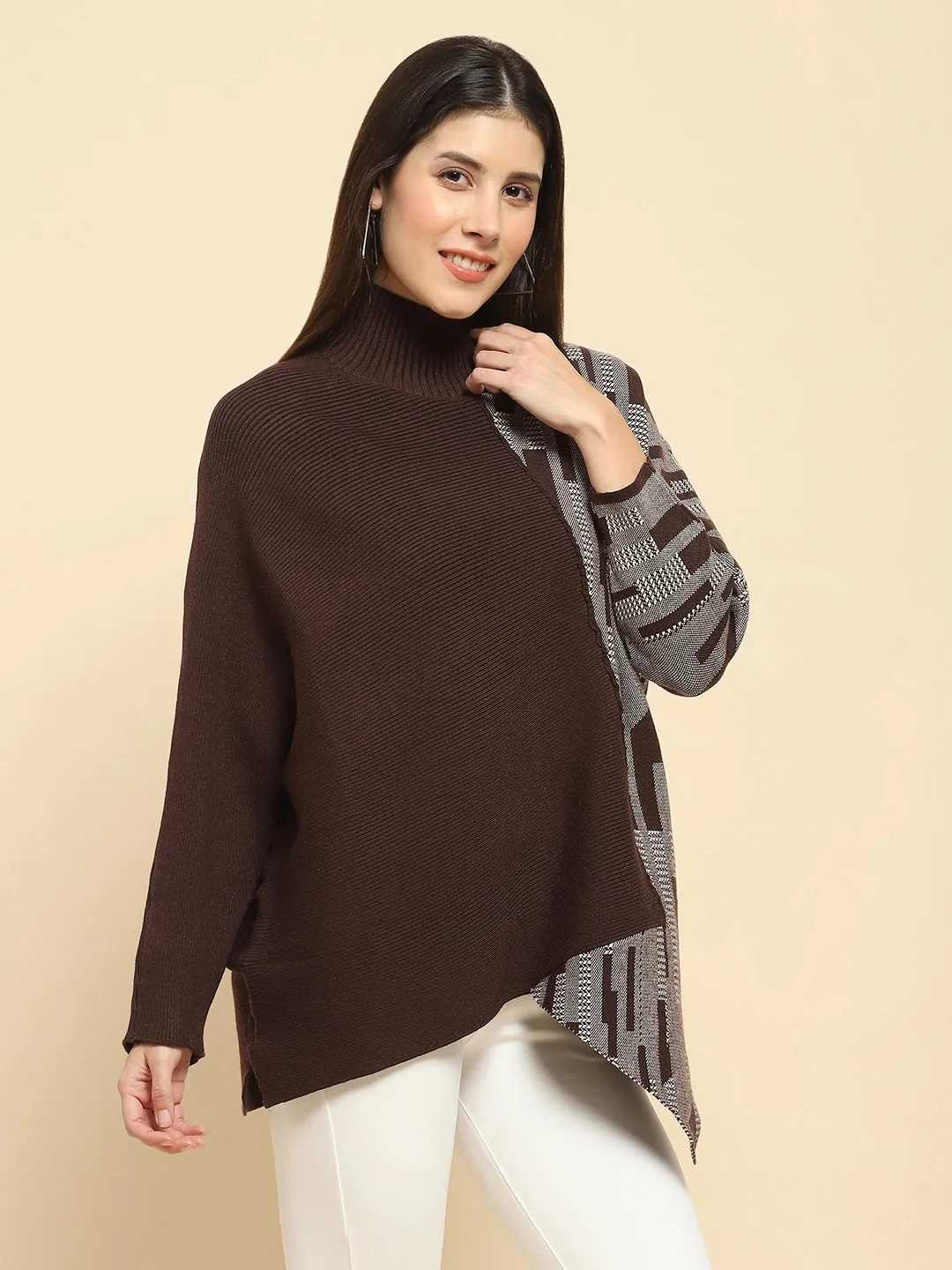 Brown Poly Blend Knit Print Relaxed Fit Pullover