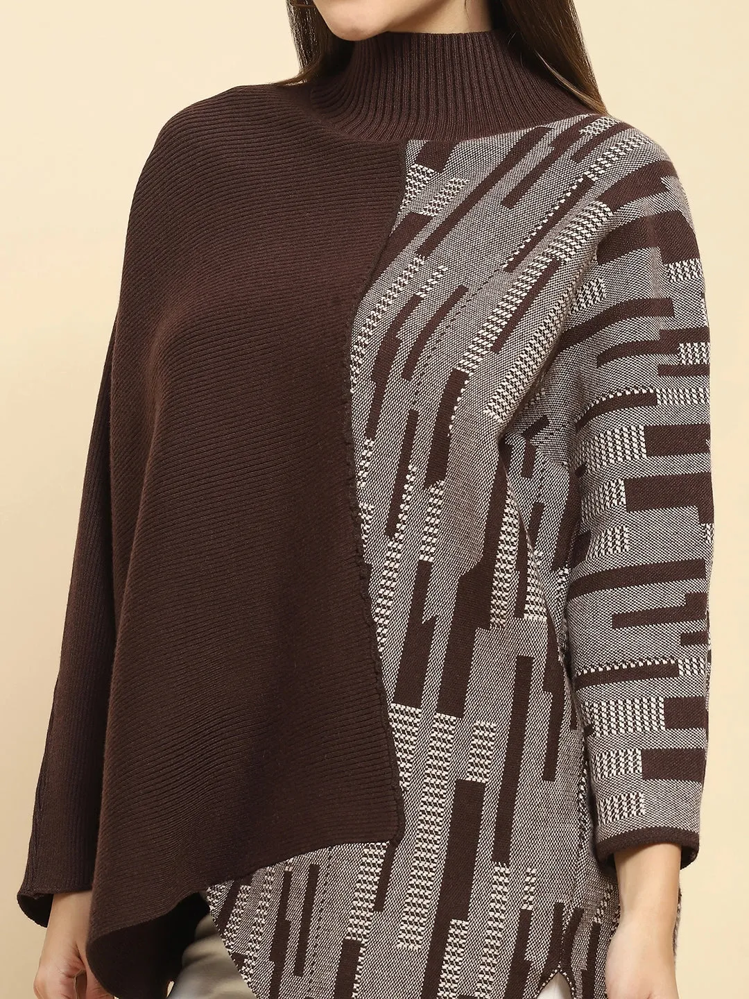 Brown Poly Blend Knit Print Relaxed Fit Pullover