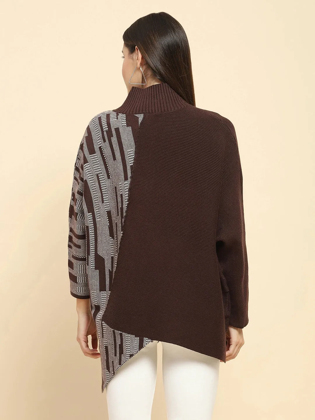 Brown Poly Blend Knit Print Relaxed Fit Pullover