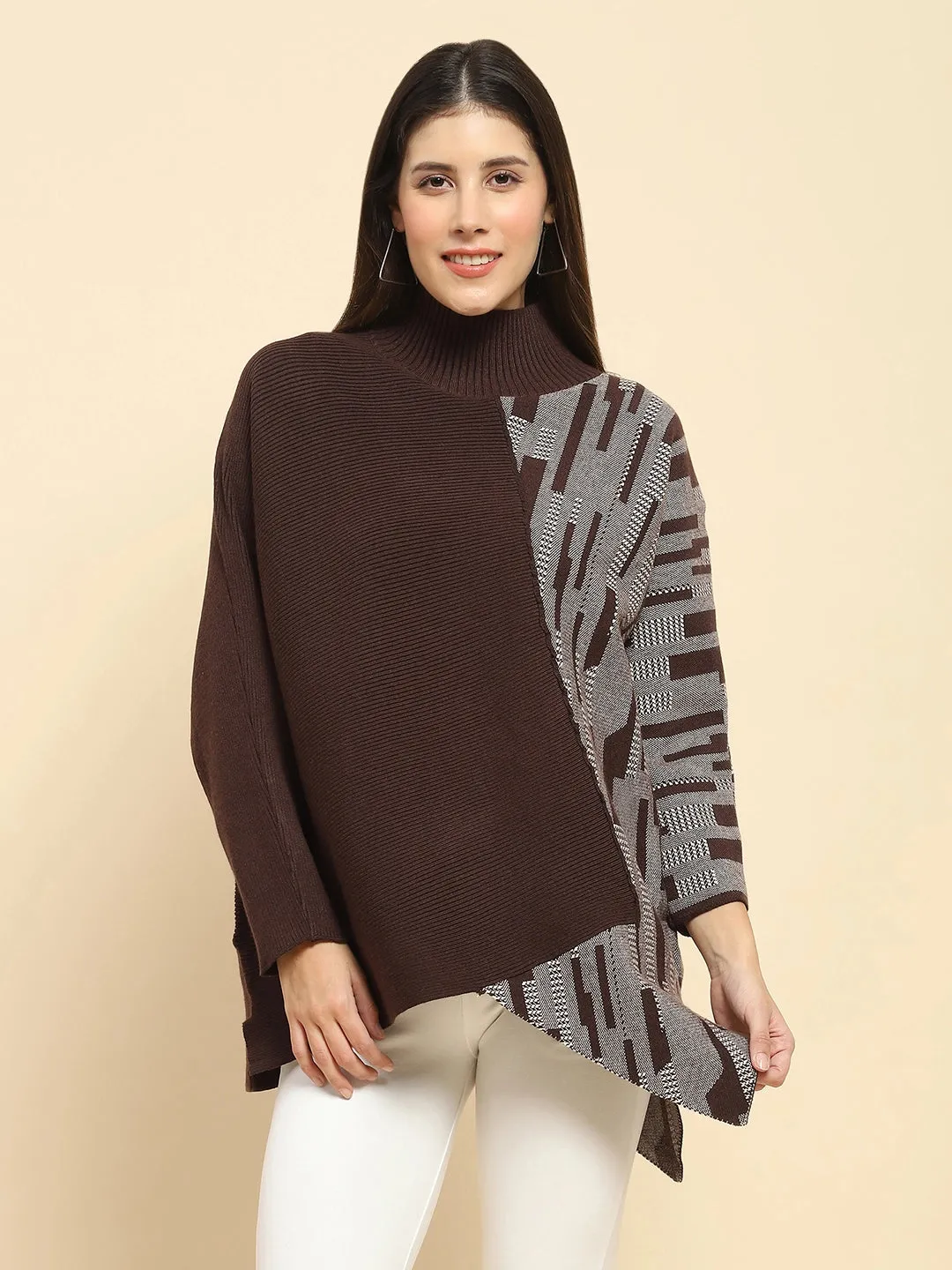 Brown Poly Blend Knit Print Relaxed Fit Pullover