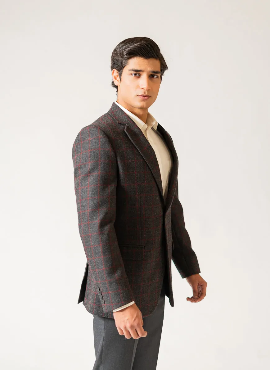 Charcoal Grey Window Checks Worsted Tweed Classic Blazer
