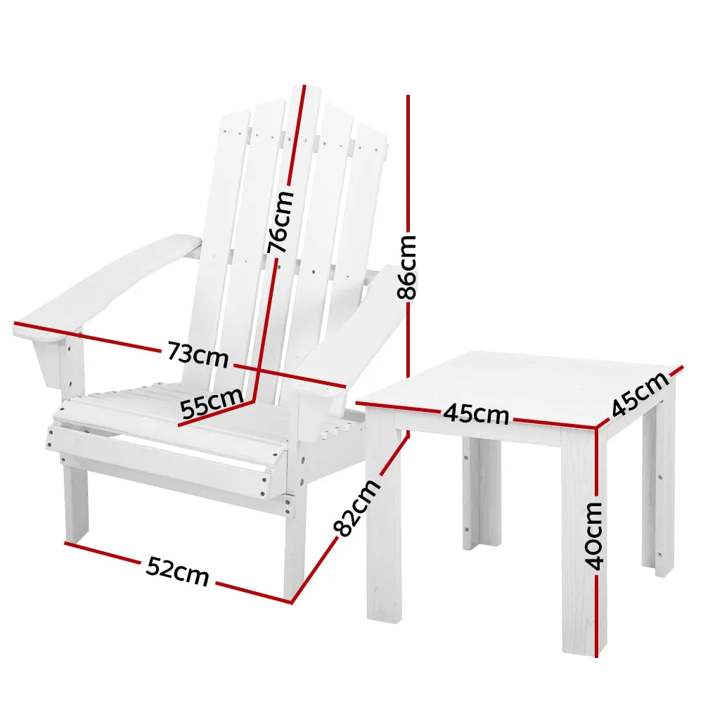 Gardeon 2PC Adirondack Outdoor Table and Chair Wooden Beach Chair Patio Furniture White