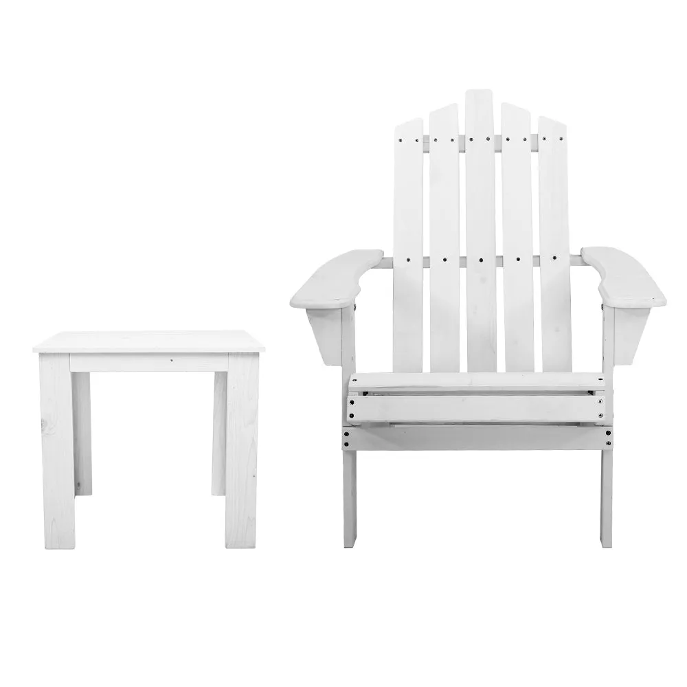 Gardeon 2PC Adirondack Outdoor Table and Chair Wooden Beach Chair Patio Furniture White