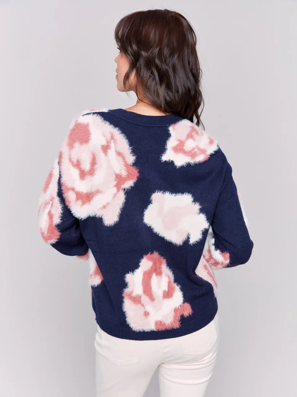 Hairy Yarn Floral Sweater - Navy