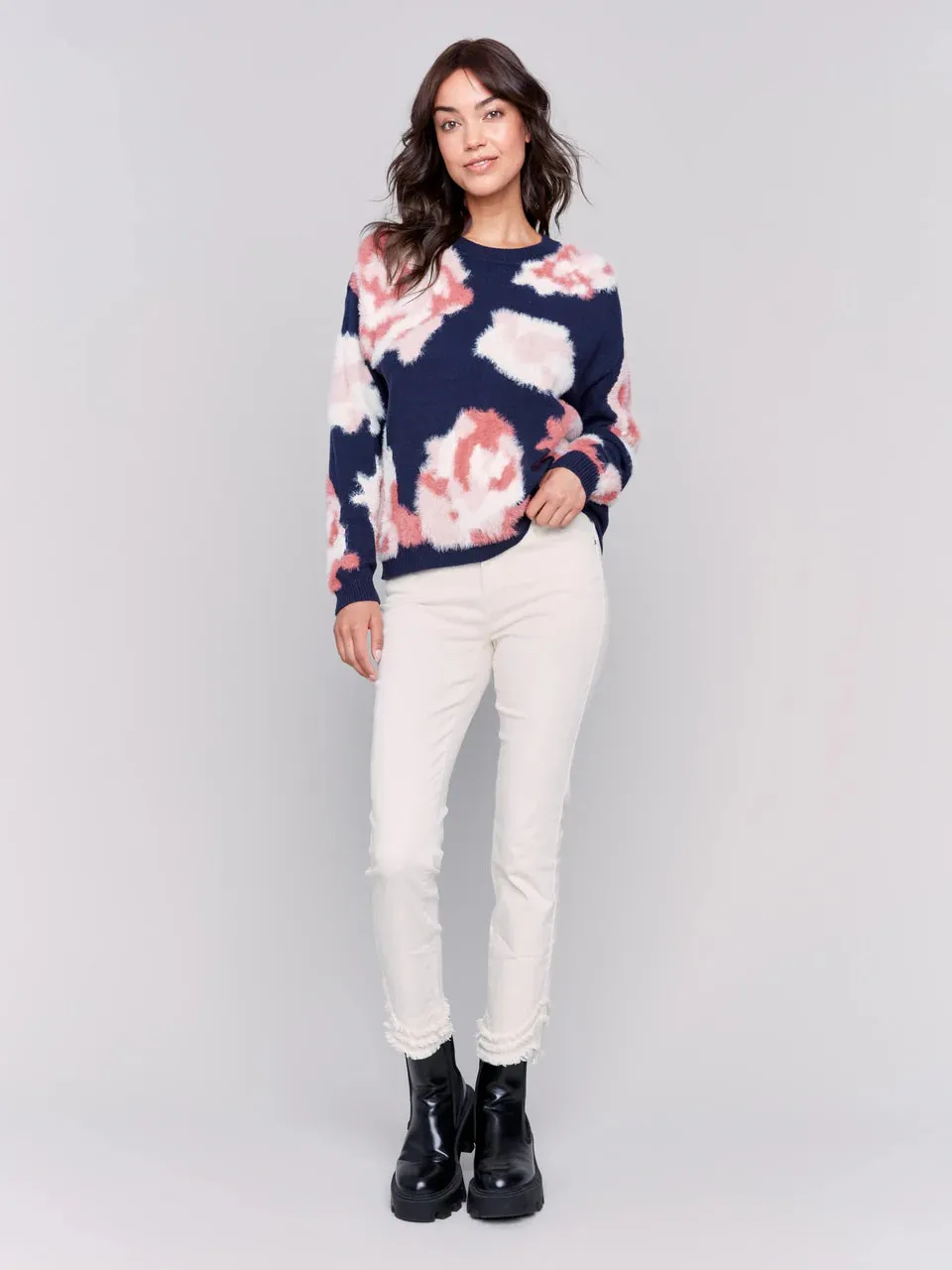 Hairy Yarn Floral Sweater - Navy