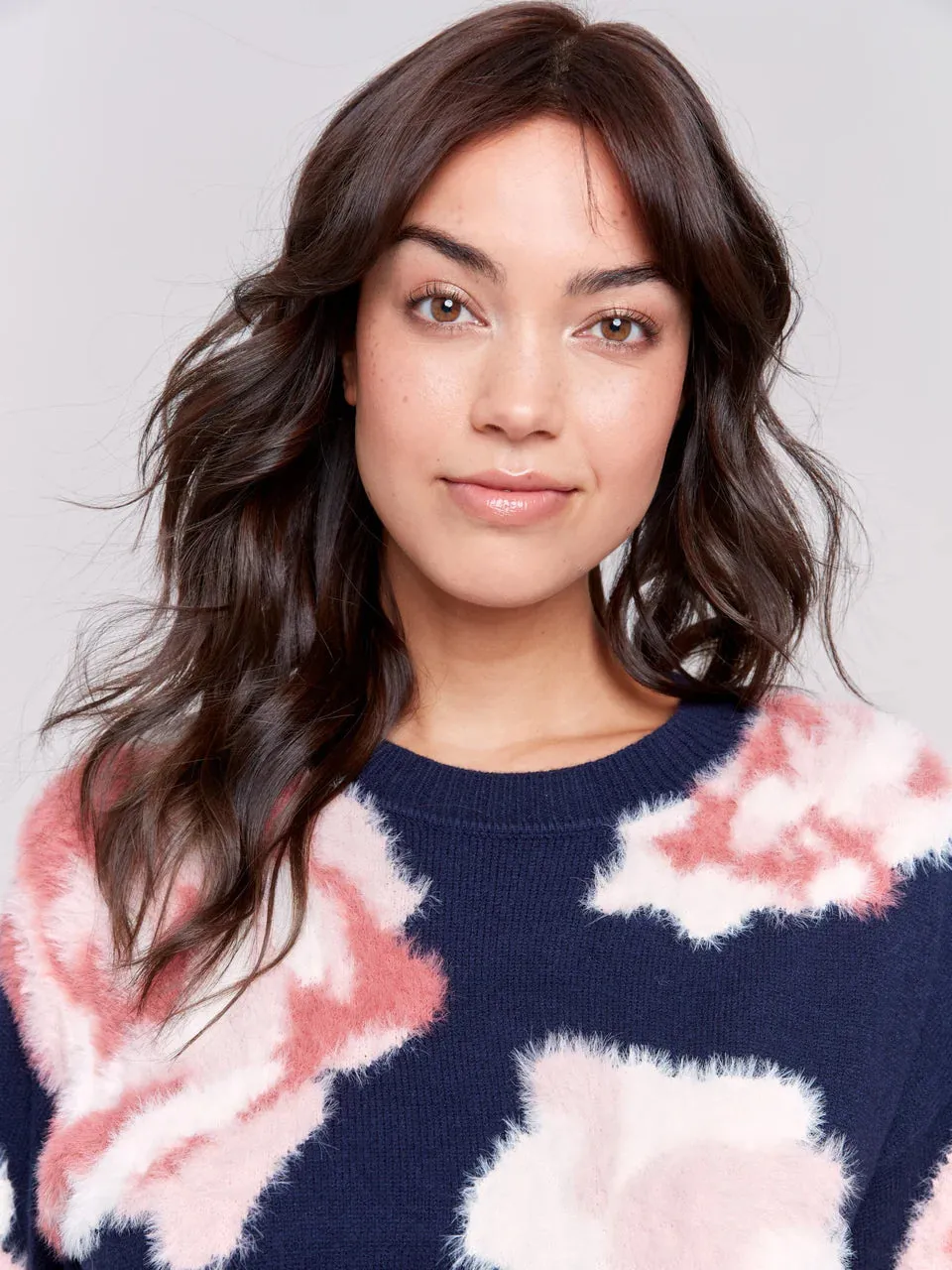 Hairy Yarn Floral Sweater - Navy