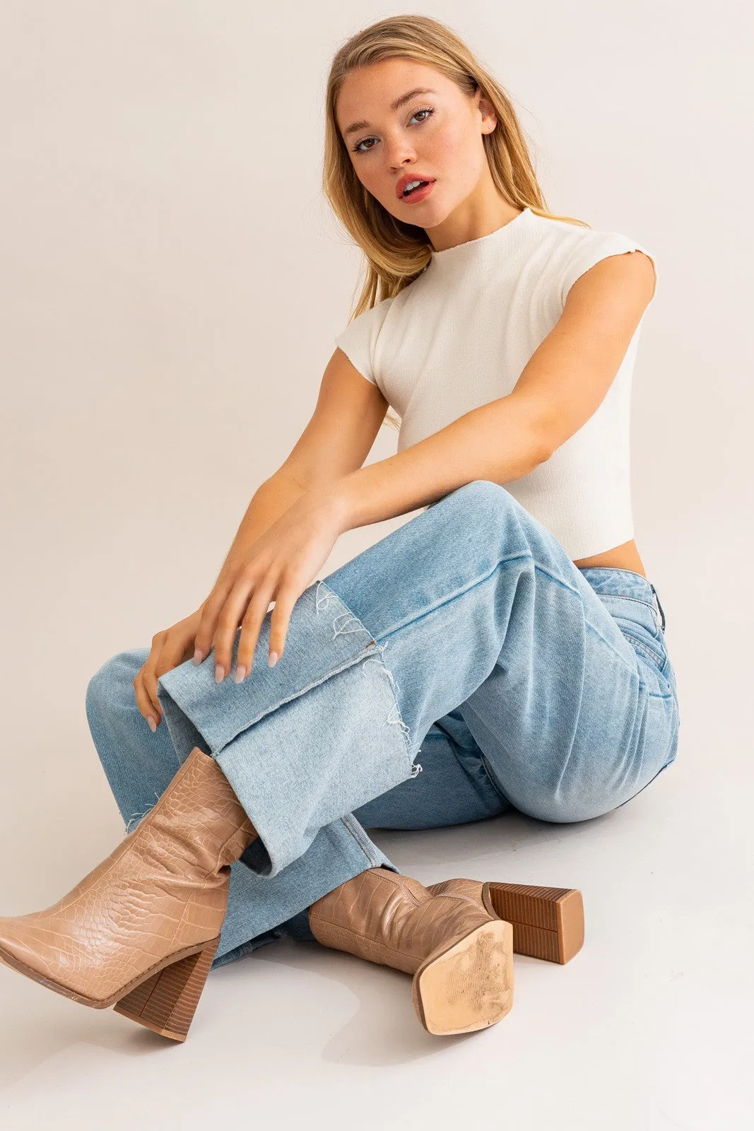 High Waist Wide Leg Cuffed Jeans