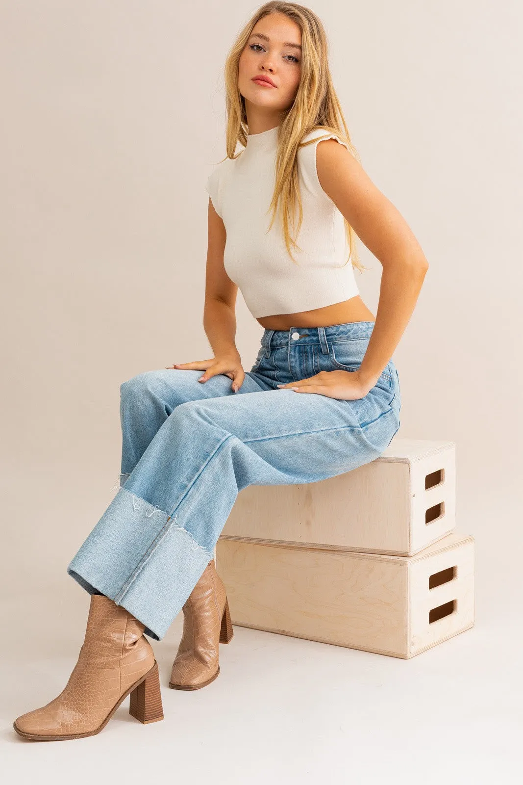 High Waist Wide Leg Cuffed Jeans