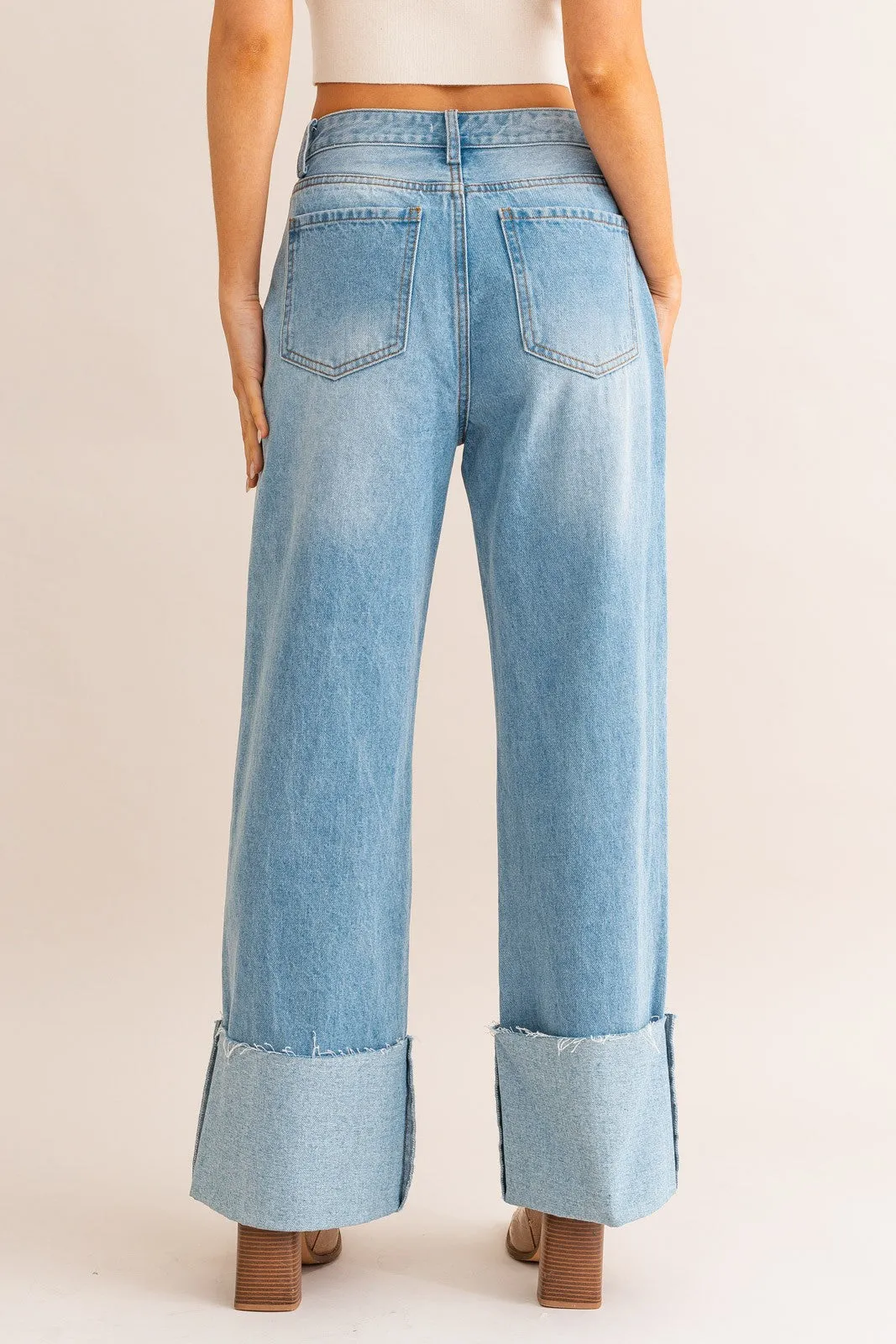 High Waist Wide Leg Cuffed Jeans