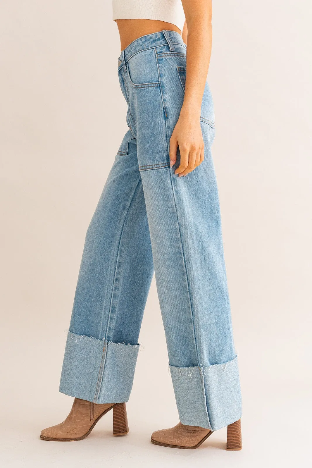 High Waist Wide Leg Cuffed Jeans
