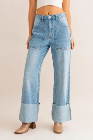 High Waist Wide Leg Cuffed Jeans
