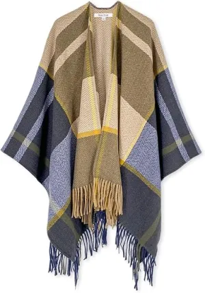Khaki-Blue Winter Chic Plaid Poncho Cardigan