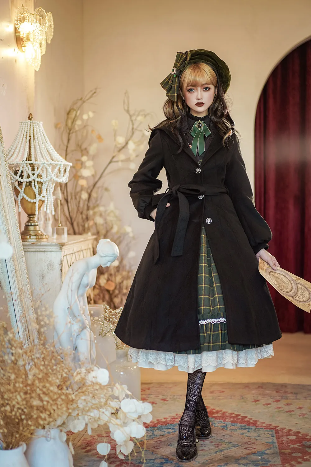 Miss Point~Rose Silhouette~Vintage Woolen Cape Hooded Long Coat