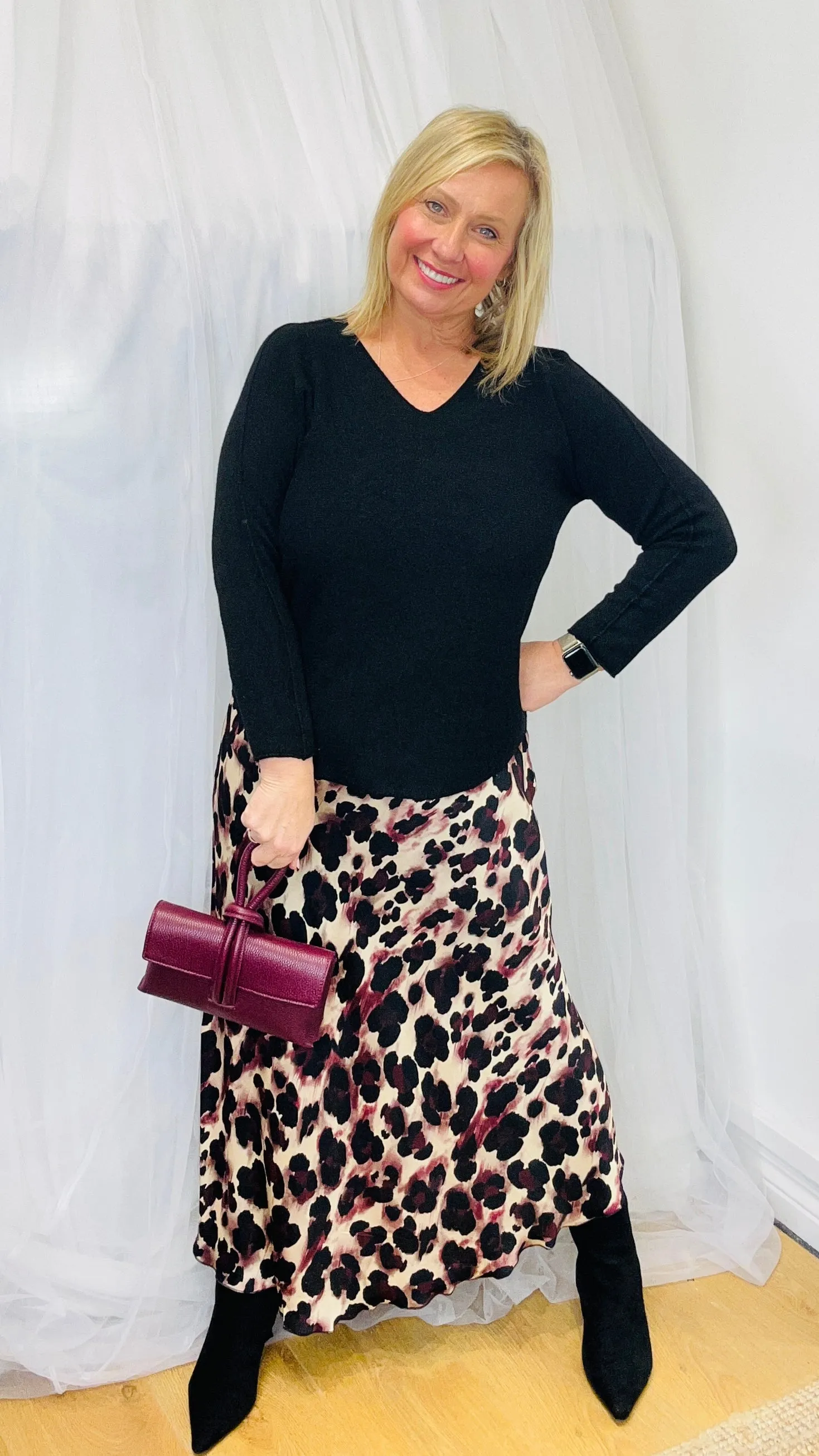 Nicole Leopard Skirt - Burgundy