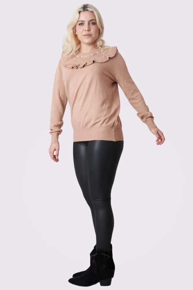 Plain Beaded Ruffle Long Sleeve Knitted Top