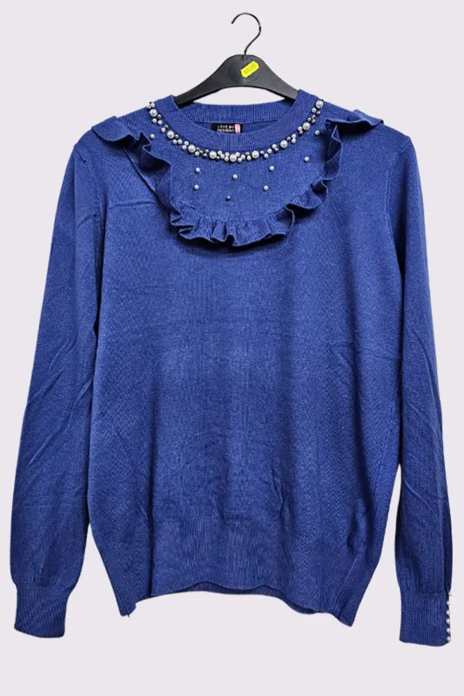 Plain Beaded Ruffle Long Sleeve Knitted Top