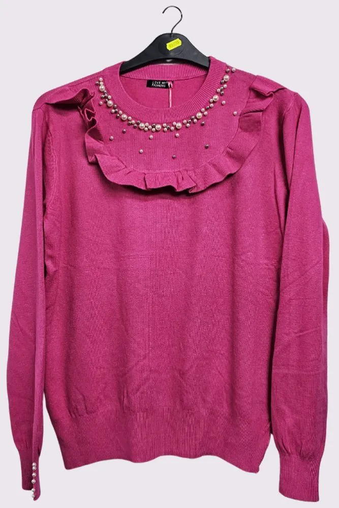 Plain Beaded Ruffle Long Sleeve Knitted Top