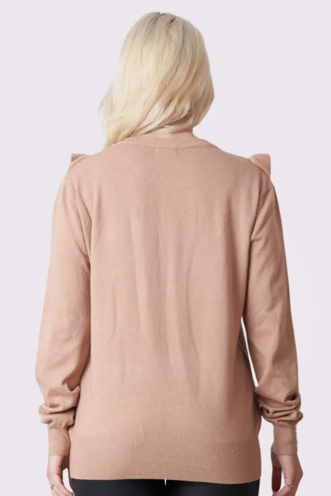 Plain Beaded Ruffle Long Sleeve Knitted Top