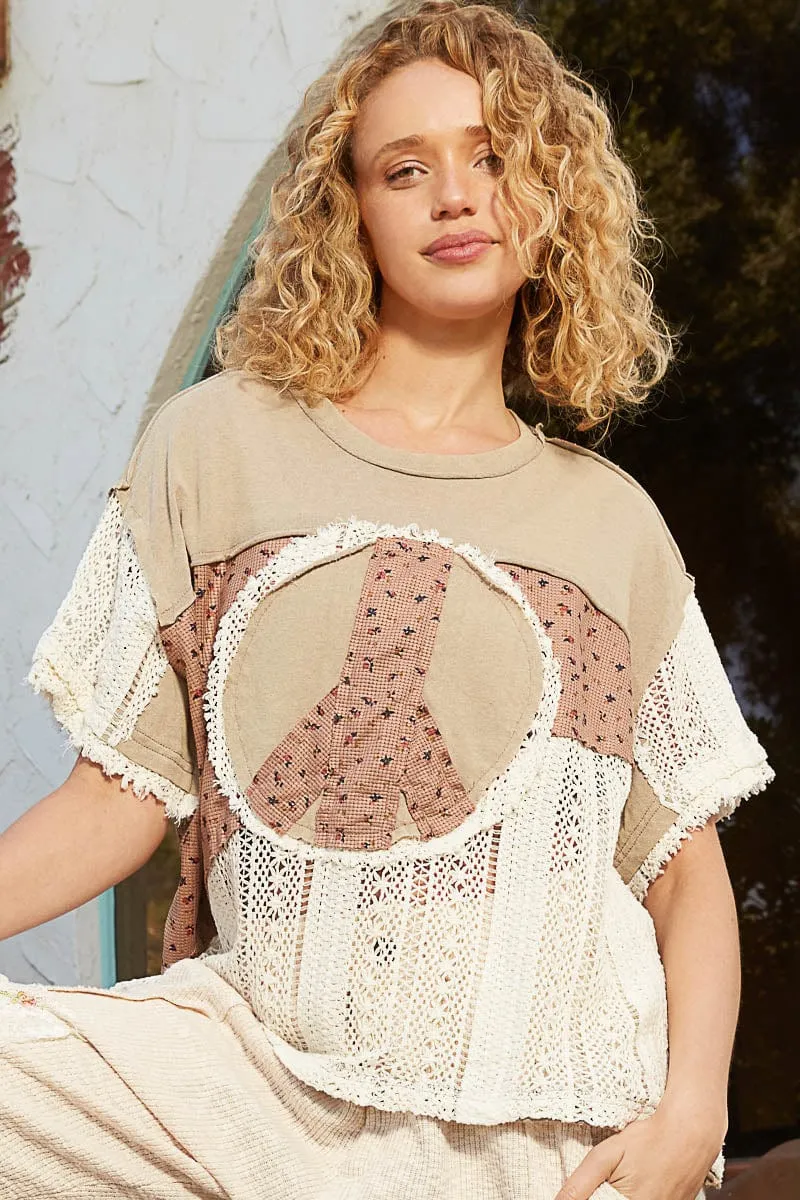 POL Peace Sign Half Sleeve Knit Cotton and Crochet Mix Printed Thermal Top