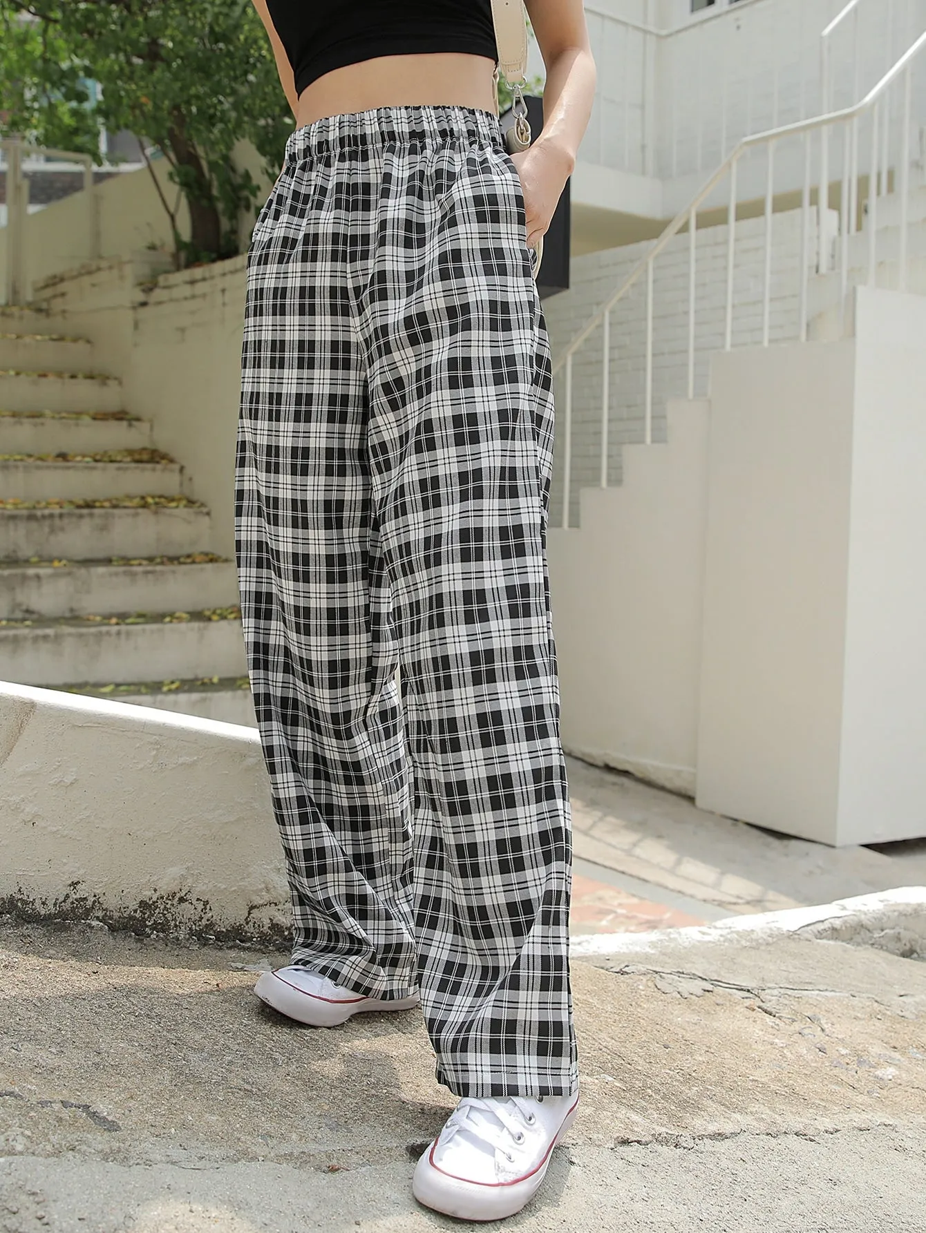 Preppy Plaid Pocket Natural Long Women Pants