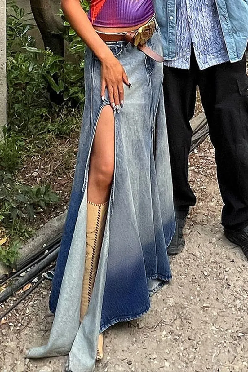 QA447 Split Denim Long Skirt