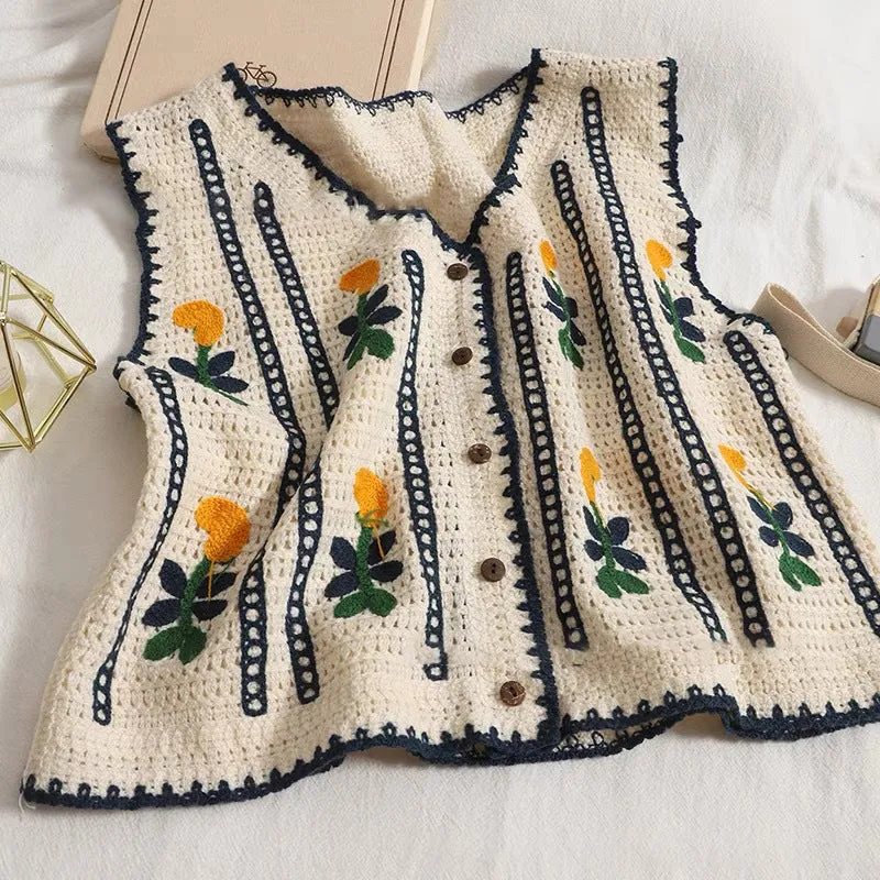 Sleeveless Crochet Contrast Embroidered Hollow Out Knit Vest Cardigan