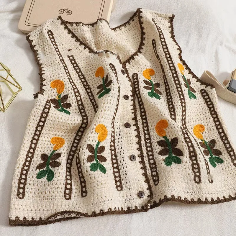 Sleeveless Crochet Contrast Embroidered Hollow Out Knit Vest Cardigan
