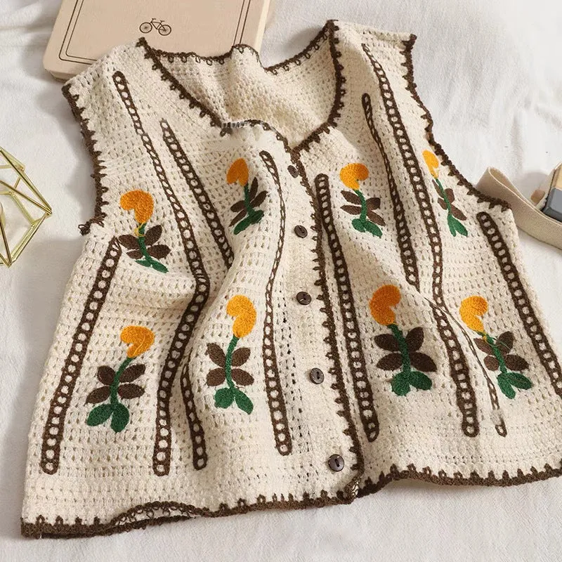 Sleeveless Crochet Contrast Embroidered Hollow Out Knit Vest Cardigan