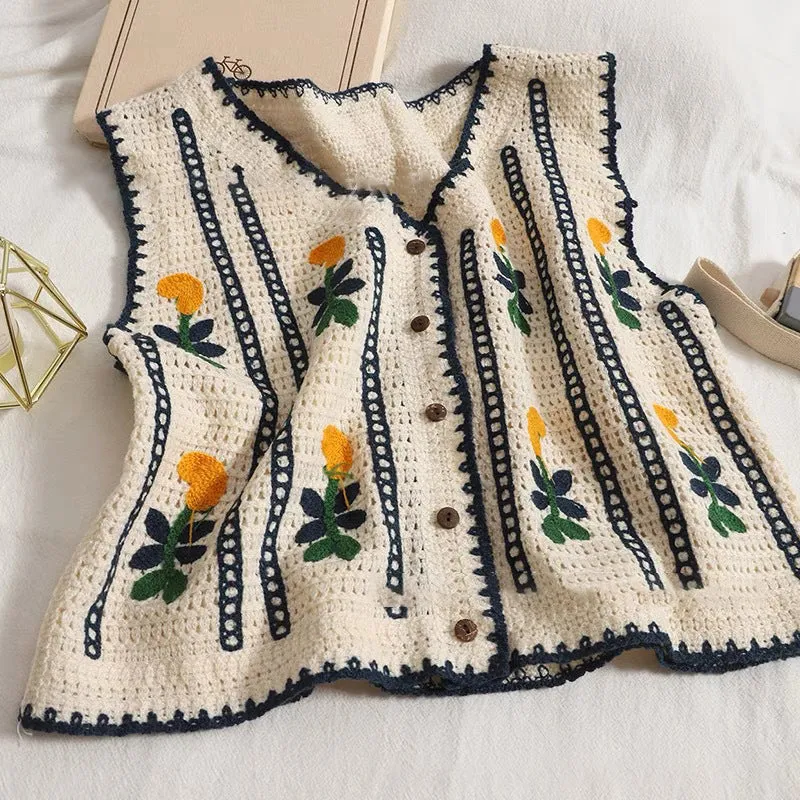 Sleeveless Crochet Contrast Embroidered Hollow Out Knit Vest Cardigan