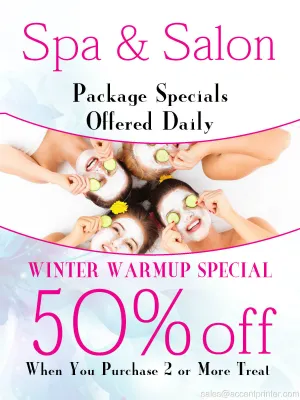 Spa & Salon Winter Warmup Business Retail Display Sign, 18"w x 24"h, Full Color
