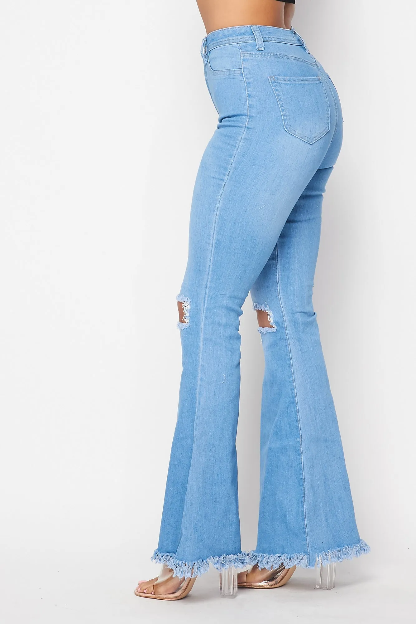 Super High Waisted Slit Distressed Bell Bottoms  - Light Denim
