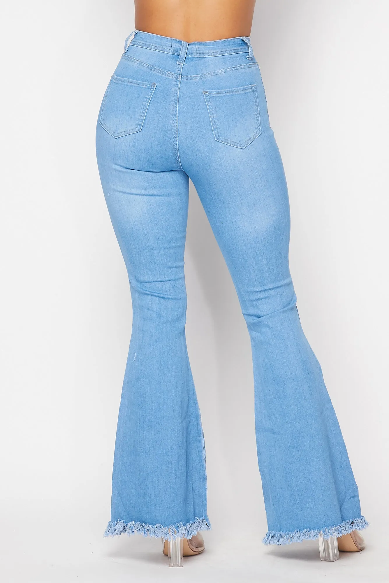 Super High Waisted Slit Distressed Bell Bottoms  - Light Denim