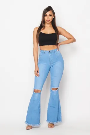 Super High Waisted Slit Distressed Bell Bottoms  - Light Denim