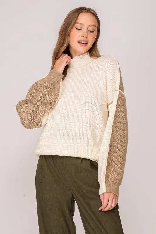 Two Sided Color Block Pullover Sweater - Ivory Taupe