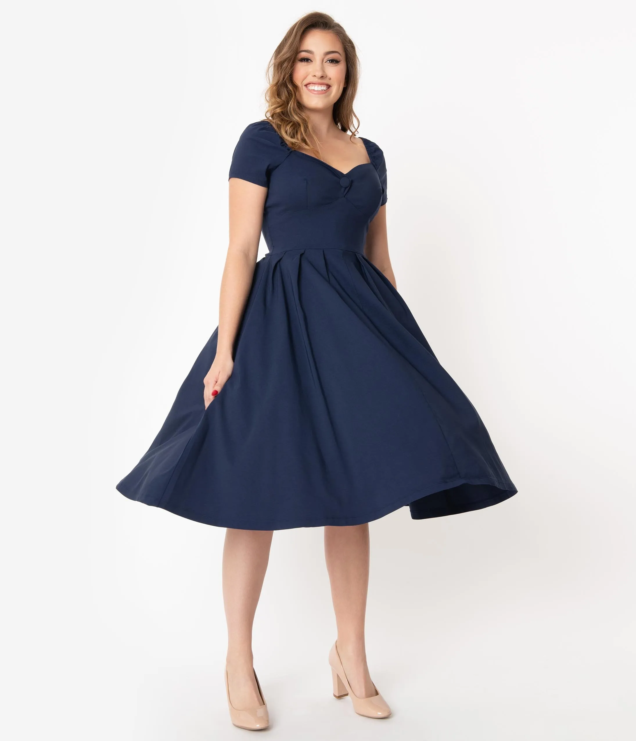Unique Vintage 1950s Navy Sweetheart Midge Swing Dress