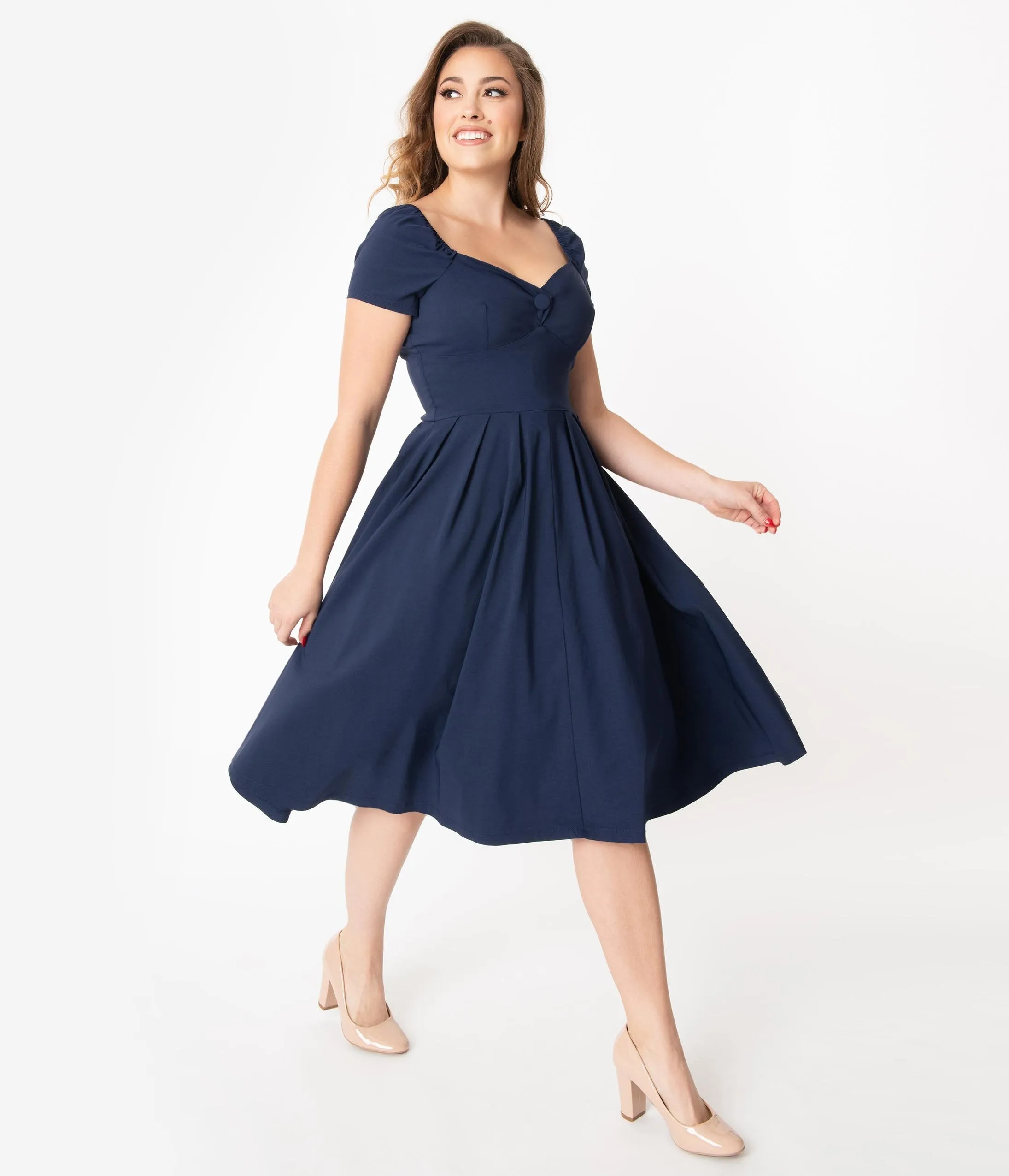 Unique Vintage 1950s Navy Sweetheart Midge Swing Dress